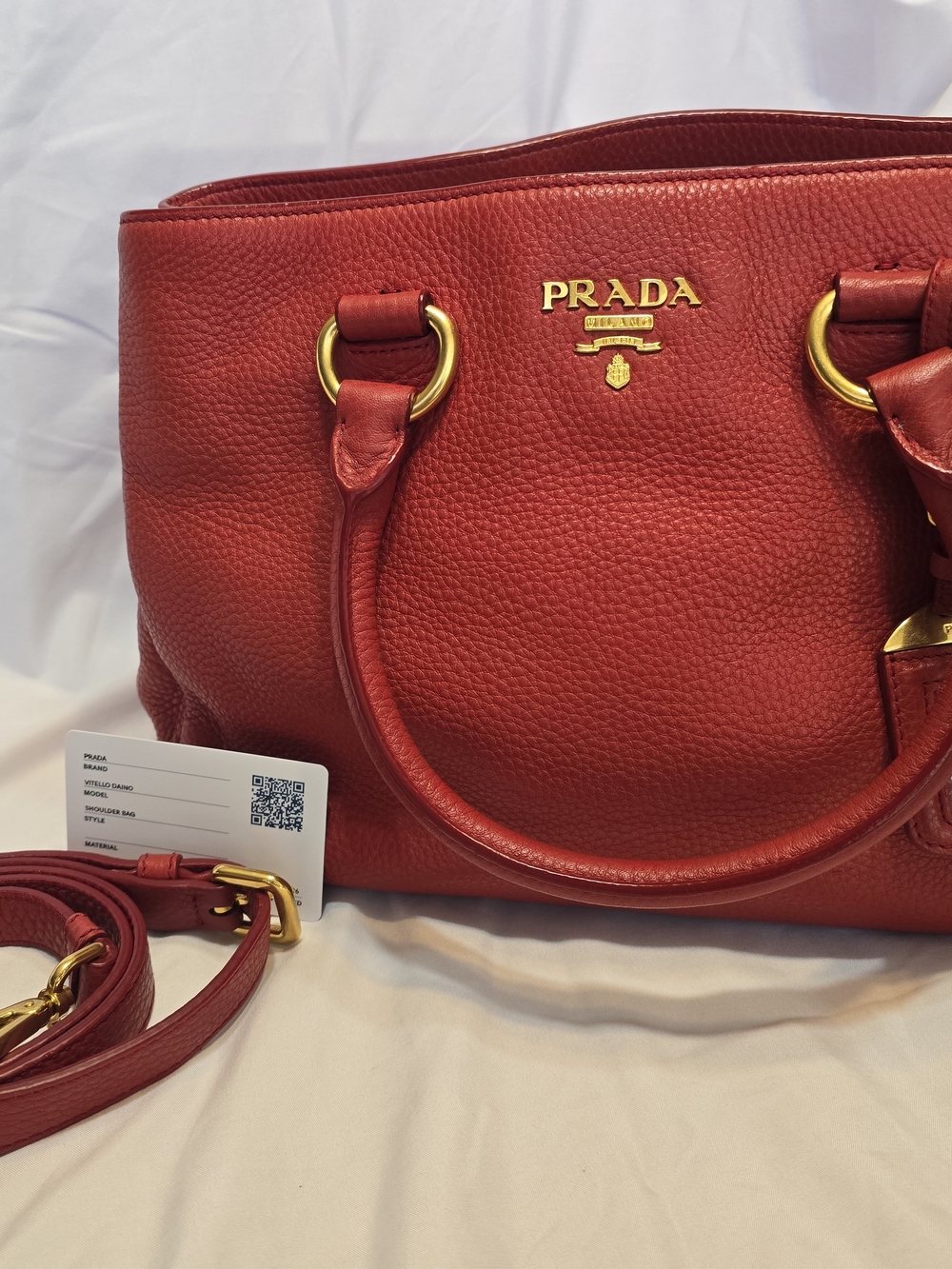 Auth PRADA Vitello Daino Rosso Red Leather 2-Way Tote Bag w/ Strap & Card